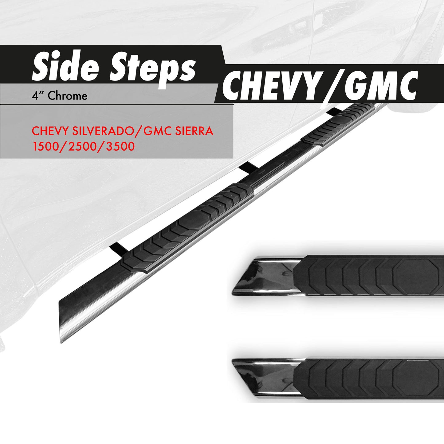 Marchepieds latéraux plats noirs/chromés Partscore 4 ''pour CHEVROLET CHEVY SILVERADO/GMC SIERRA 1500/2500/3500