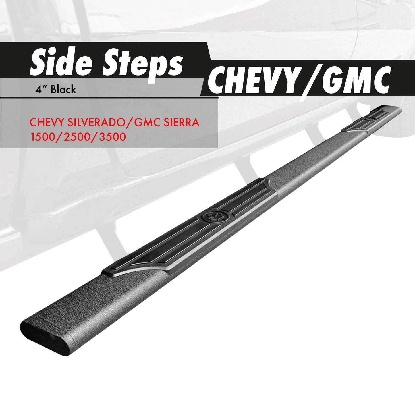 4'' Partscore Black / Chrome Flat Side Steps for CHEVROLET CHEVY SILVERADO/GMC SIERRA 1500/2500/3500